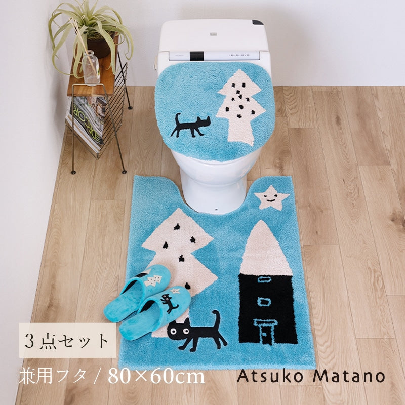 アツコマタノ 迷子のMEME BEBE トイレ3点セット ロングトイレマット+兼用フタカバー（普通便座＆温水洗浄・暖房便座兼用）+スリッパ ブルー/アイボリー