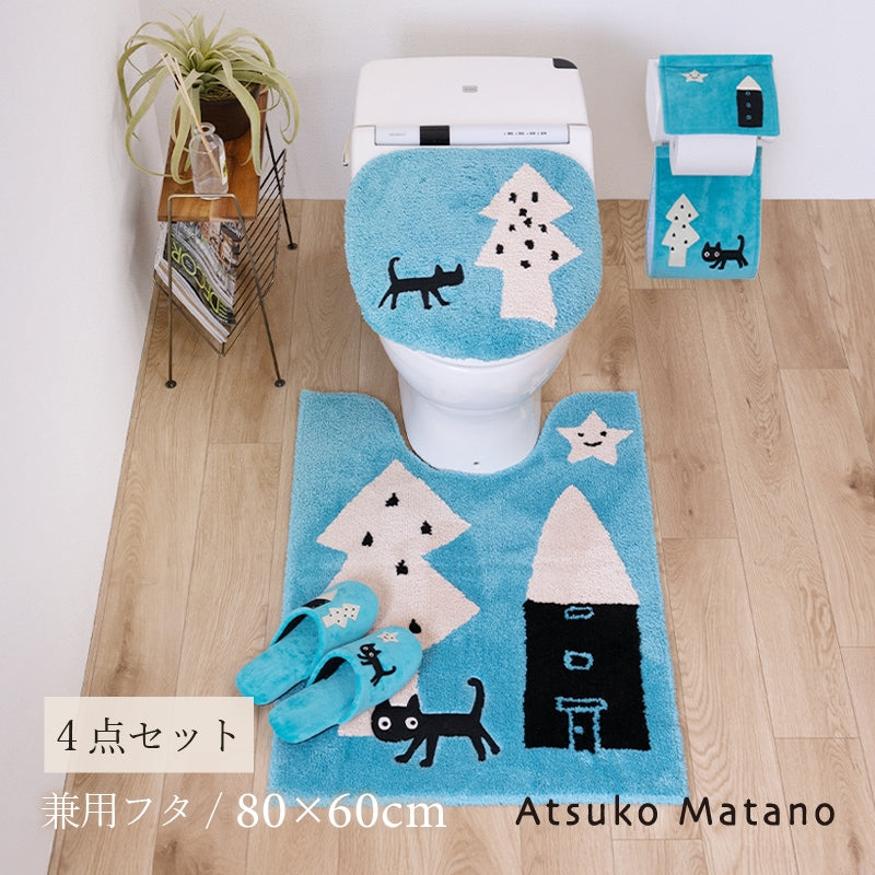 アツコマタノ 迷子のMEME BEBE トイレ4点セット ロングトイレマット+兼用フタカバー（普通便座＆温水洗浄・暖房便座兼用）+スリッパ+ペーパーホルダーカバー ブルー/アイボリー