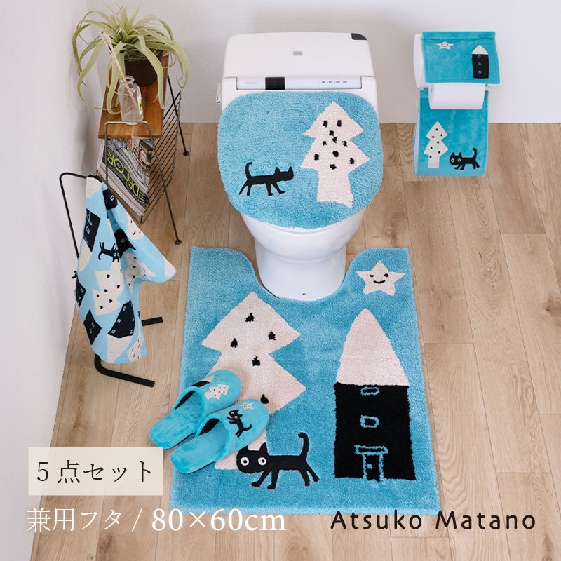 アツコマタノ 迷子のMEME BEBE トイレ5点セット ロングトイレマット+兼用フタカバー（普通便座＆温水洗浄・暖房便座兼用）+スリッパ+ペーパーホルダーカバー+ハンドタオル ブルー/アイボリー