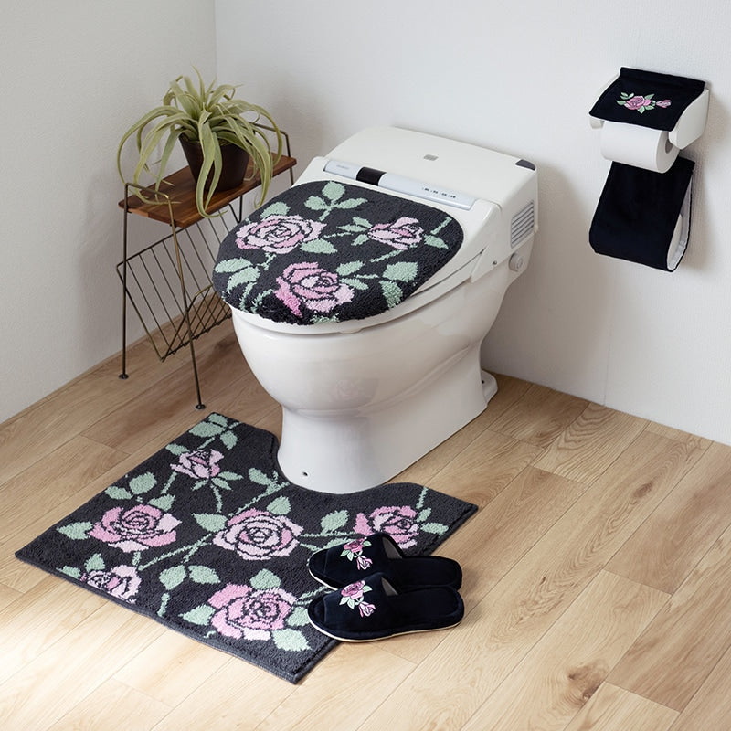ラルジュルタン グレイス トイレ4点セット トイレマット+兼用フタカバー（普通便座＆温水洗浄・暖房便座兼用）+スリッパ+ペーパーホルダーカバー ブラック/アイボリー