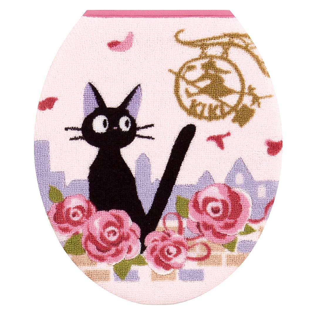 【トイレ普通便座用フタカバー ジブリ 猫 キャラ 可愛い】ピンク 魔女の宅急便 ジジとデート