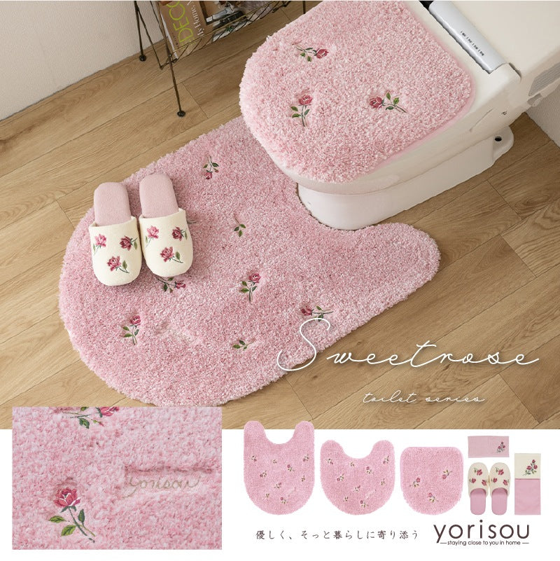 SDS yorisou スイートローズ トイレ4点セット ロングトイレマット+兼用フタカバー（普通便座＆温水洗浄・暖房便座兼用）+スリッパ+ペーパーホルダーカバー ピンク