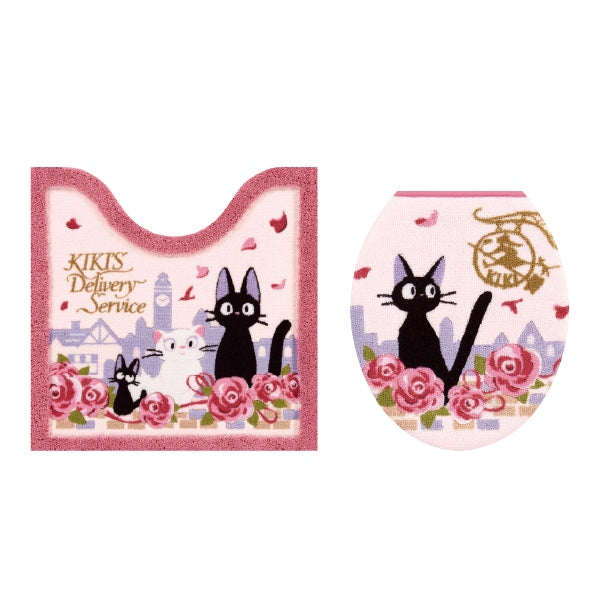 【トイレ2点セット ジブリ 魔女宅 キャラ 雑貨 グッズ】トイレマット+普通便座用フタカバー ピンク 魔女の宅急便 ジジとデート