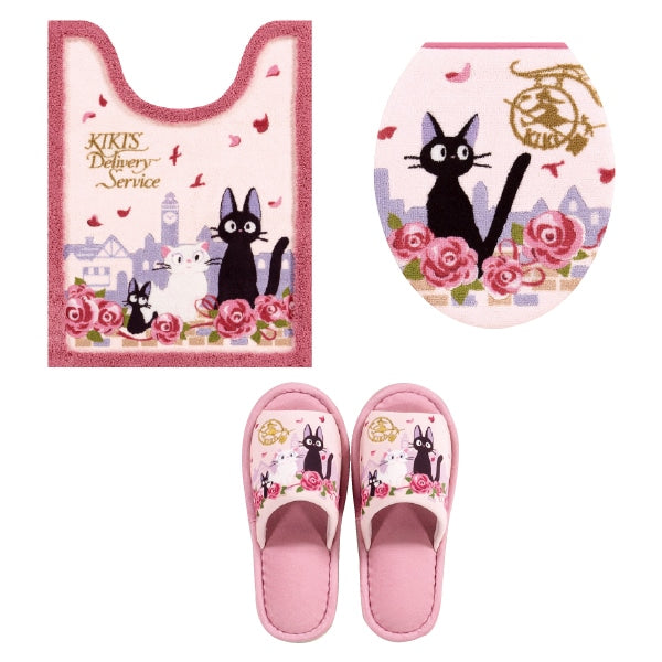 【トイレ3点セット ジブリ 魔女宅 キャラ 雑貨 グッズ】ロングトイレマット+普通便座用フタカバー+スリッパ ピンク 魔女の宅急便 ジジとデート
