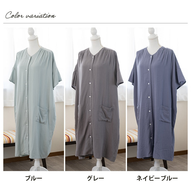 ★M+home スオラ 前開きワンピース M〜Lサイズ ブルー/グレー/ネイビーブルー