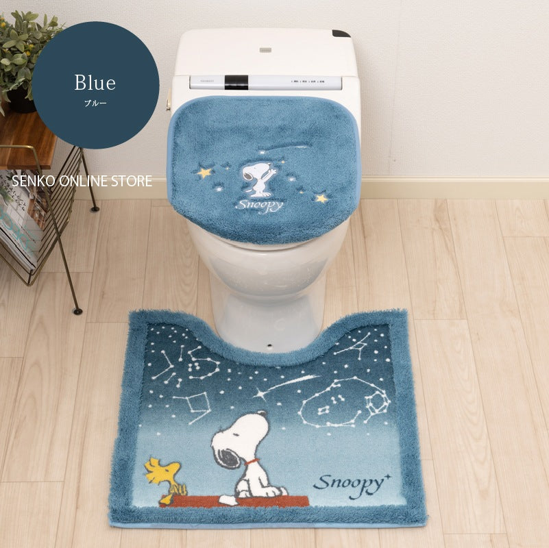 PEANUTS 星空スヌーピー トイレ2点セット トイレマット+兼用フタカバー ブルー/ブルーグレー