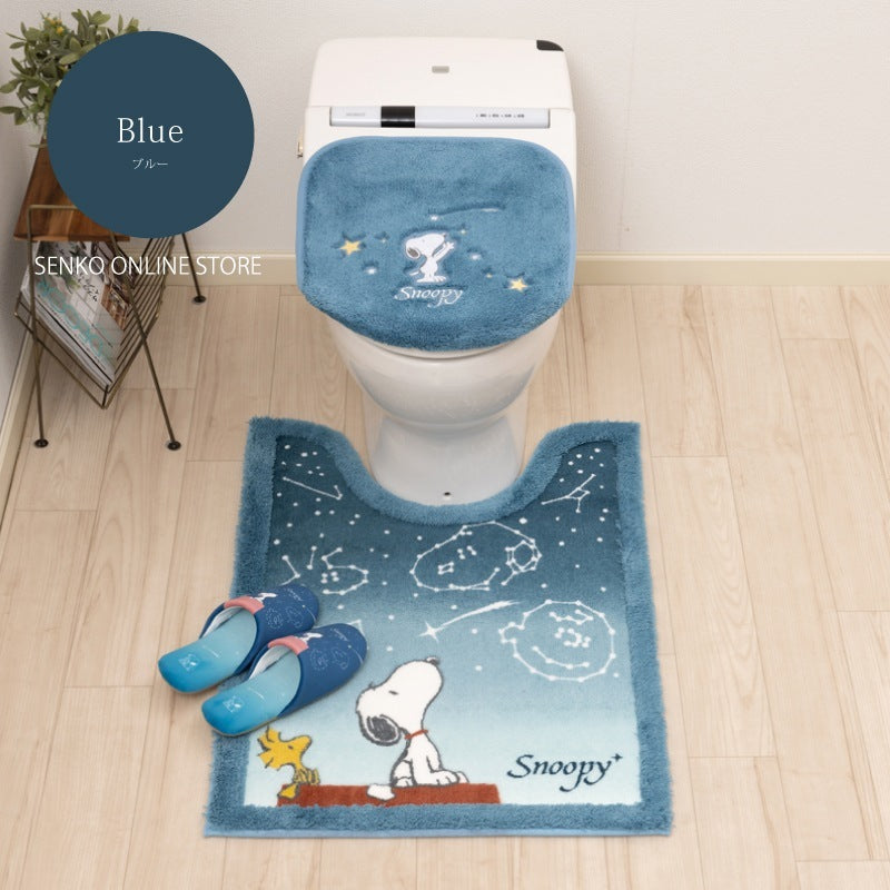 PEANUTS 星空スヌーピー トイレ2点セット ロングトイレマット+兼用フタカバー ブルー/ブルーグレー