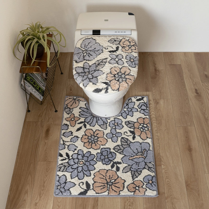 SDS シャーロット トイレ2点セット ロングトイレマット+トイレ兼用フタカバー（普通便座＆温水洗浄・暖房便座兼用） グレー/ローズ