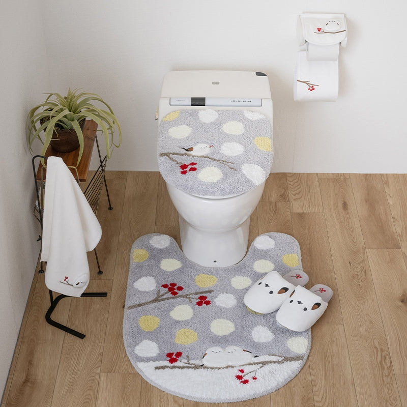 SDS シマエナガちゃん トイレ5点セット（ロングトイレマット+兼用フタカバー+スリッパ+ペーパーホルダーカバー+ハンドタオル） ブルー/グレー