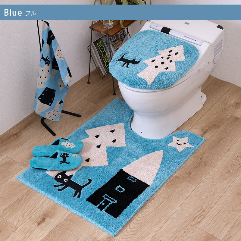 アツコマタノ 迷子のMEME BEBE ロングトイレマット 約80×60cm ブルー/アイボリー