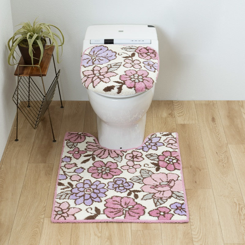 SDS シャーロット トイレ2点セット ロングトイレマット+トイレ兼用フタカバー（普通便座＆温水洗浄・暖房便座兼用） グレー/ローズ